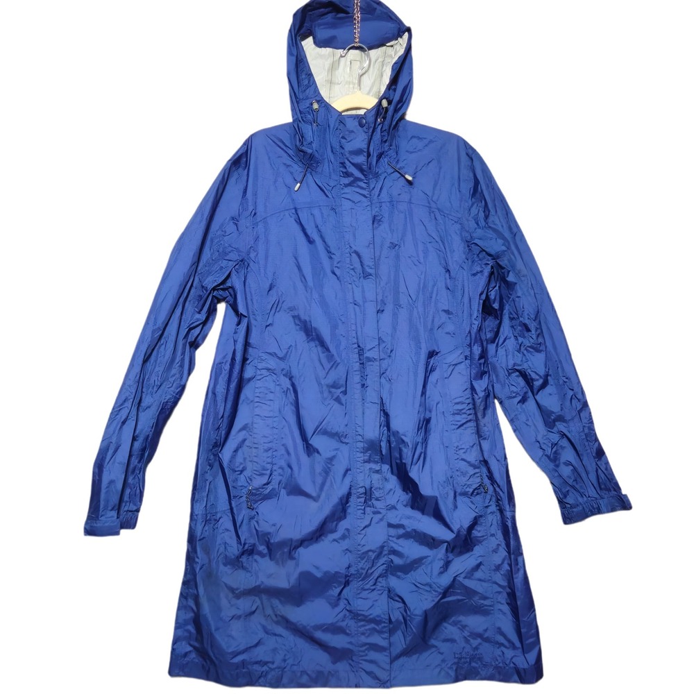 LL Bean Rain Jacket Women Large Blue Ripstop Long Hooded Trench Coat 268313